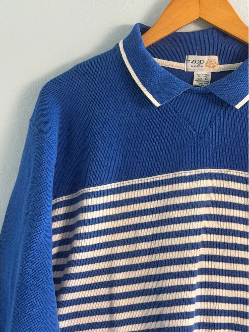 IZOD Club Ladies' Medium Blue and White Striped Cotton Polo Sweater